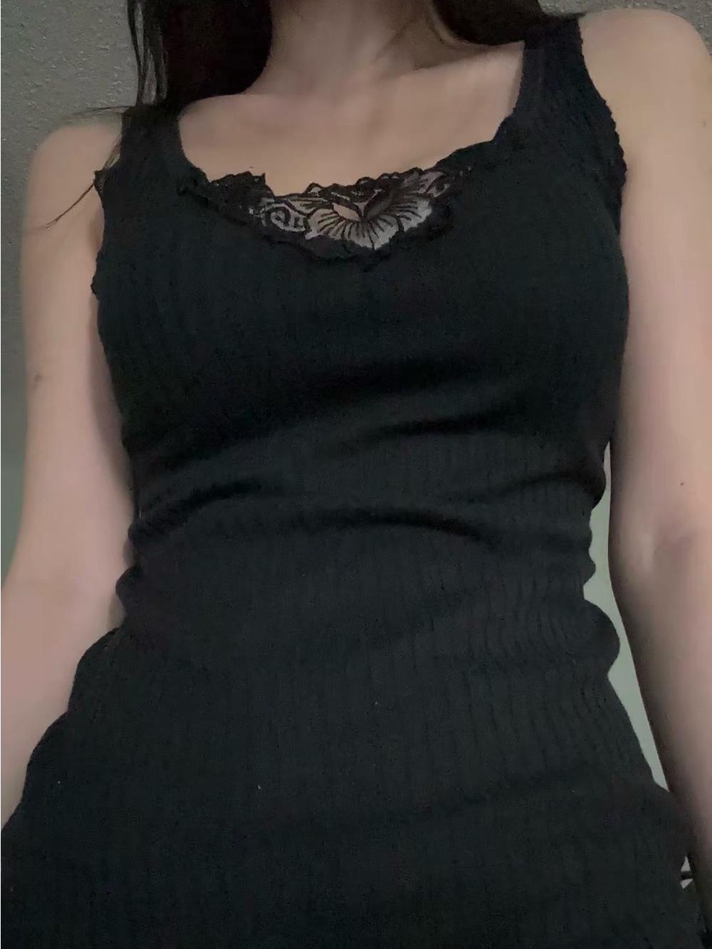 y2k ribbed black lace trim cami tank top